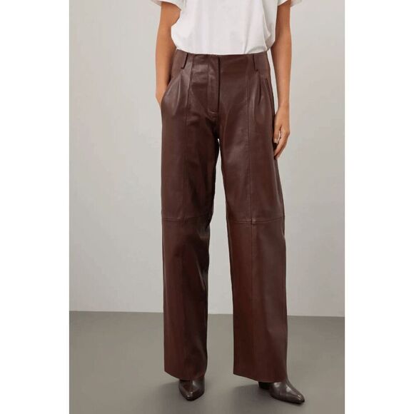Veda Women's brown leather trousers Straight Leg High Waist 10 Flaw - Picture 1 of 7